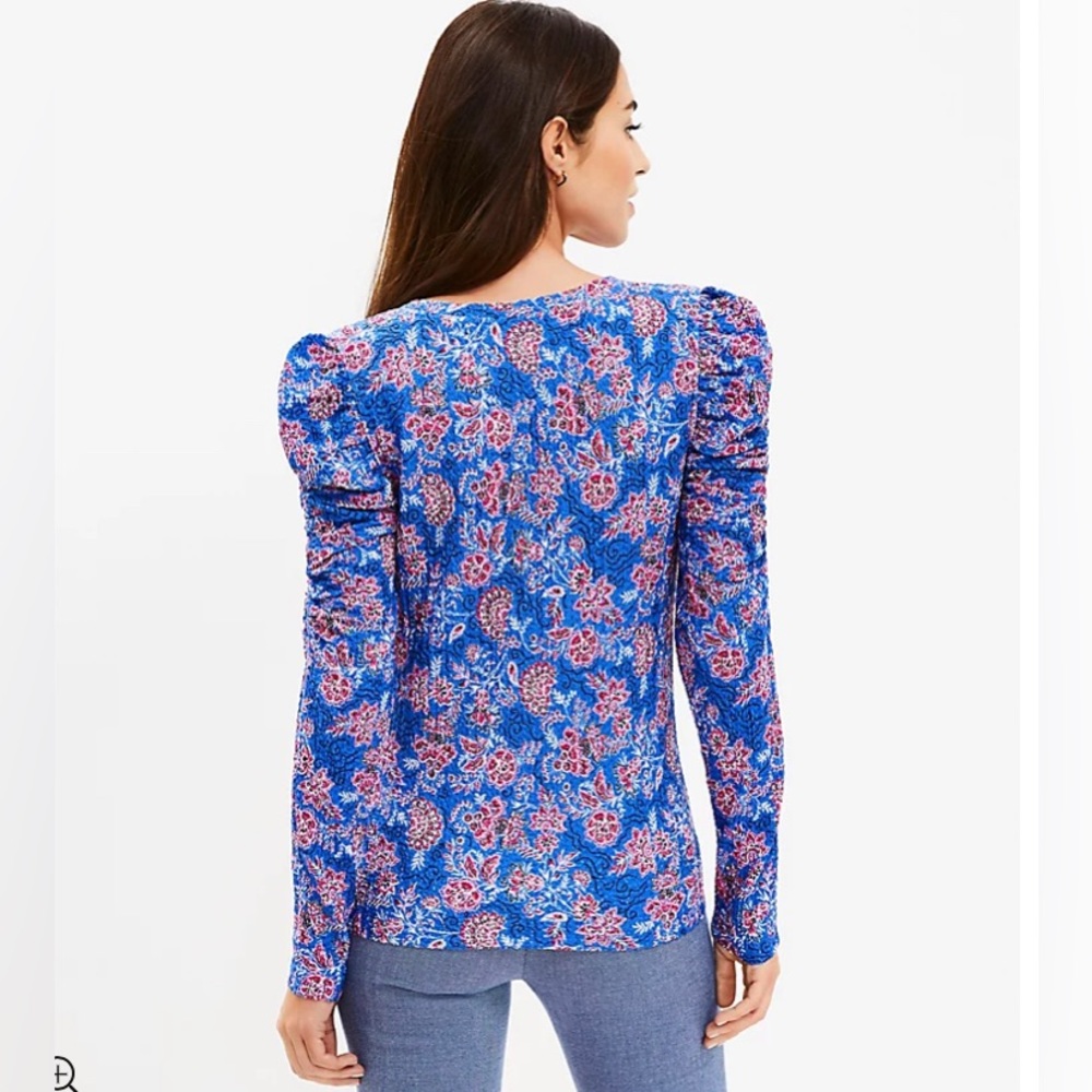 LOFT NWT‎ Garden Shirred Puff Sleeve Top - Cerulian Star - Picture 3 of 3